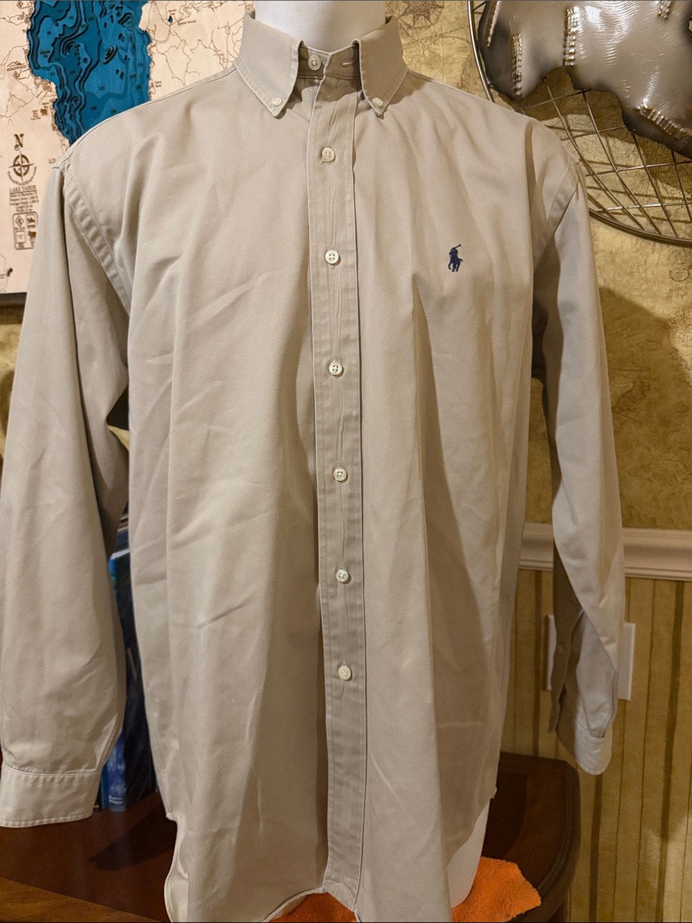 Ralph Lauren Blake Beige Button-Down Shirt with Navy Polo Logo. Large Nearly New